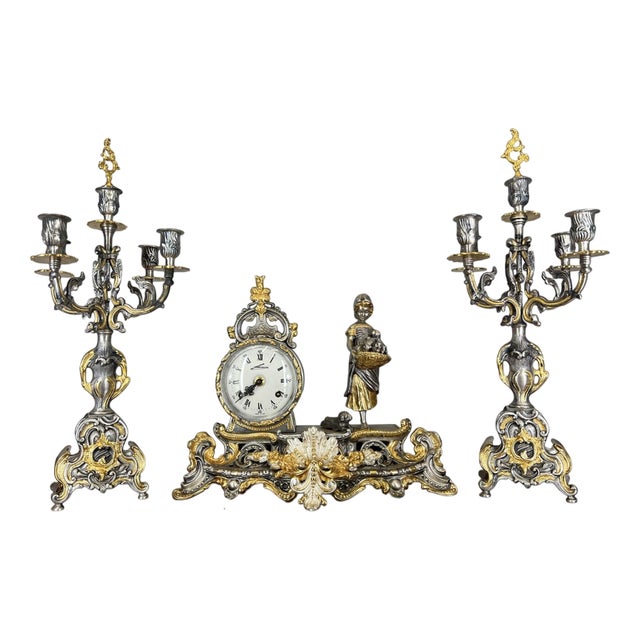 Lancini Imperial Ormolu Gilt Brass Mantle Clock with Candelabras, Set of 3 For Sale