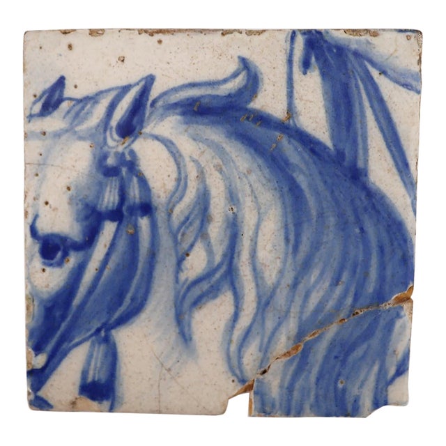 18th Century Blue and White Portuguese Tile Depicting a Horse Head For Sale