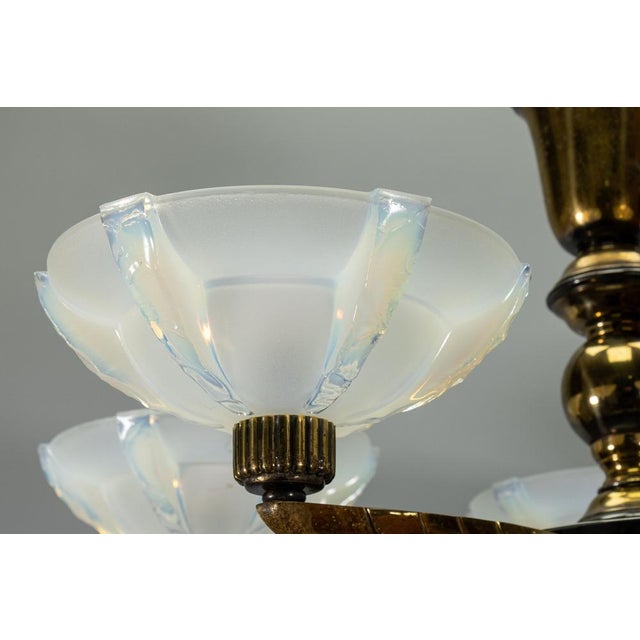 Art Deco Bronze and Opalescent Glass Six-Light Chandelier attributed to Ezan, France For Sale - Image 13 of 18