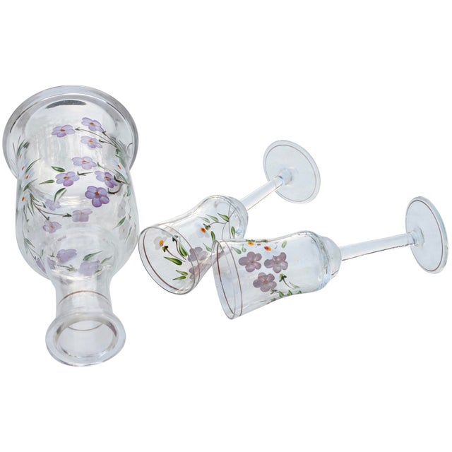 Mid 20th Century Handblown Colorful Floral-Patterned Decanter & Glasses- 3 Pieces For Sale - Image 4 of 4