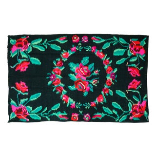 Vintage Handwoven Wool Floral Rose Rug, 1960s For Sale
