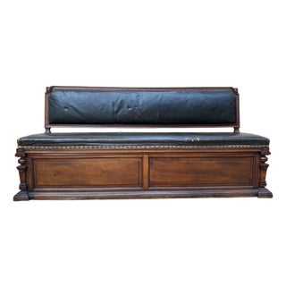Napoleon III Storage Bench with Carved Walnut and Leather Upholstery For Sale