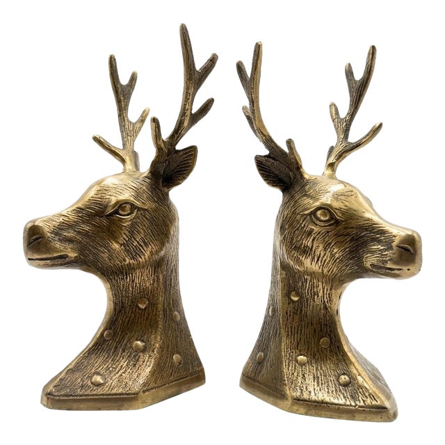 Mid-Century Brass Stag Head Bookends - Set of 2 For Sale