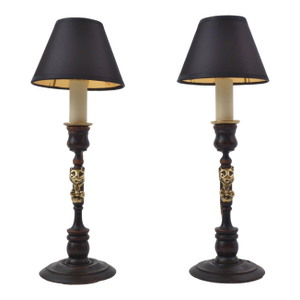 1920's English Candlestick Lamps Cheshire Cat Lewis Carroll Alice`s Adventures in Wonderland Brass & Oak by Rayswi Harrogate - A Pair, Rewired