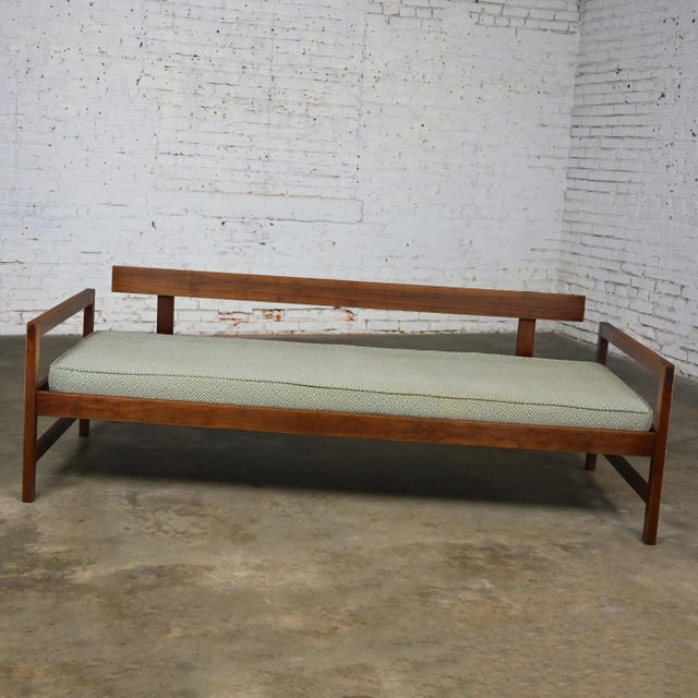 Gray Mid-20th Century MCM Daybed Sofa Walnut Frame With Arms & Gray-Blue Upholstery & Stram Springs For Sale - Image 8 of 12