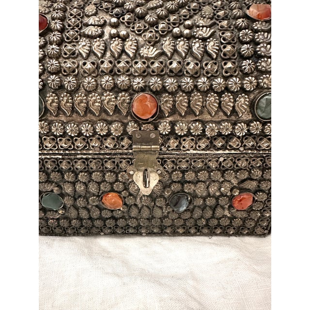 Silver Vintage Moroccan Semi-Presious Gemstone & Silver Inlaid Jewelry/Trinket Box For Sale - Image 8 of 9