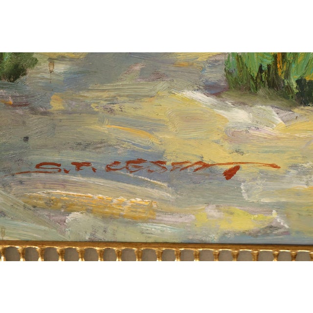 Late 20th Century Western Cowboy on Horse Oil Painting on Canvas 55" x 43" Signed 'S. T. Cesent' in Gold Gilt Frame For Sale - Image 9 of 18