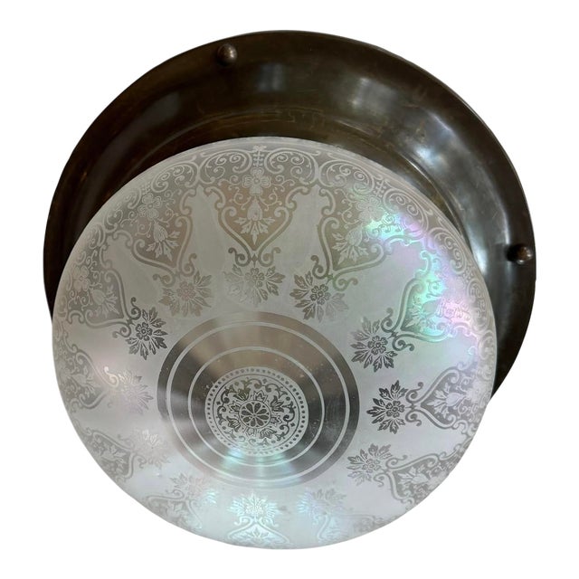 Early 20th Century Rare Art Nouveau Signed Acid Etched and Iridized Flushmount Ceiling Fixture For Sale