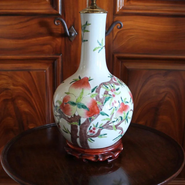 Chinese Glazed Porcelain Gourd Vase With Peaches, Adapted Into a Lamp For Sale - Image 9 of 11