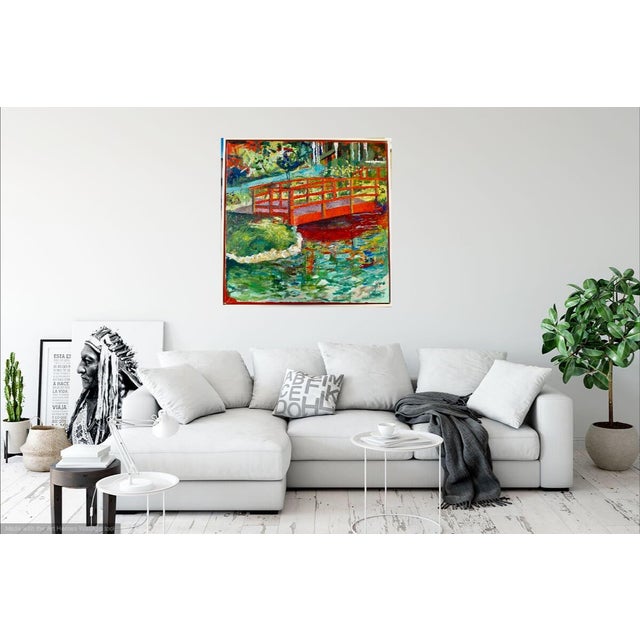 Monumental "Japanese Bridge on the Lily Pond" Framed Contemporary Impressionist Oil Painting For Sale - Image 4 of 7