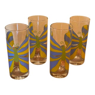 Vintage Mid-Century Modern Drinkware Tumblers with Blue & Yellow Butterflies- Set of 4 For Sale