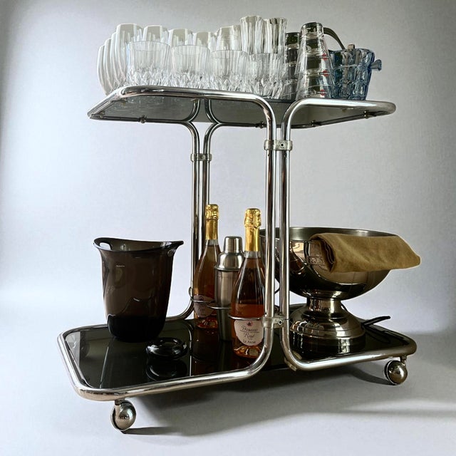 Bauhaus Bar Cart in Chrome & Smoked Glass, Czechoslovakia, 1960s For Sale - Image 9 of 15