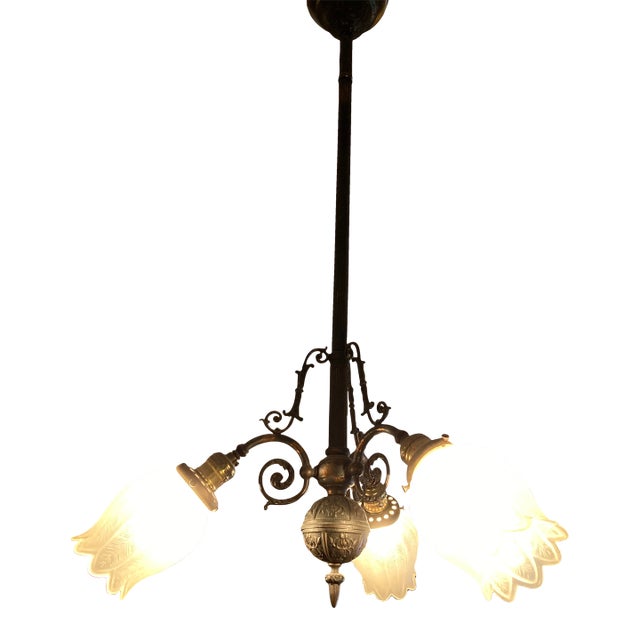 3 Light Antique Japanned Copper Electric Chandelier For Sale