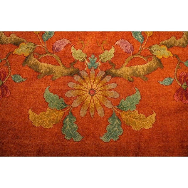 1920s 1920s Modern Square Orange Bold Floral Knotted Wool Antique Chinese Art Deco Rug For Sale - Image 5 of 7