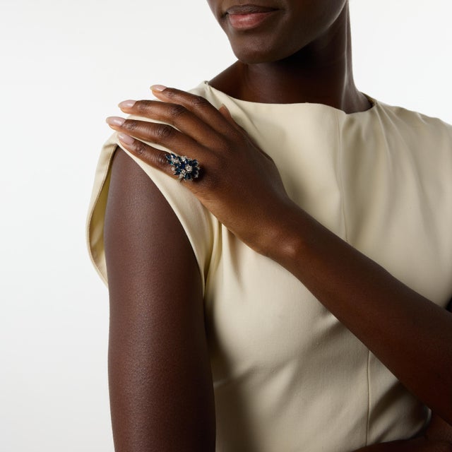 Mid 20th Century Vintage Diamond Sapphire 14k White Gold Cocktail Ring, Size 5.5 For Sale - Image 5 of 6