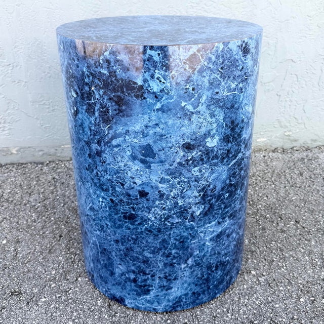 Postmodern Faux Blue Marble Cylindrical Pedestal For Sale - Image 4 of 4