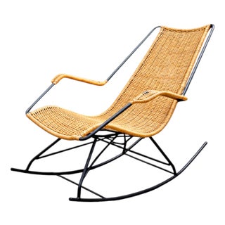 Rocking Chair in Metal & Wicker, Carlo Hauner, 1950s For Sale