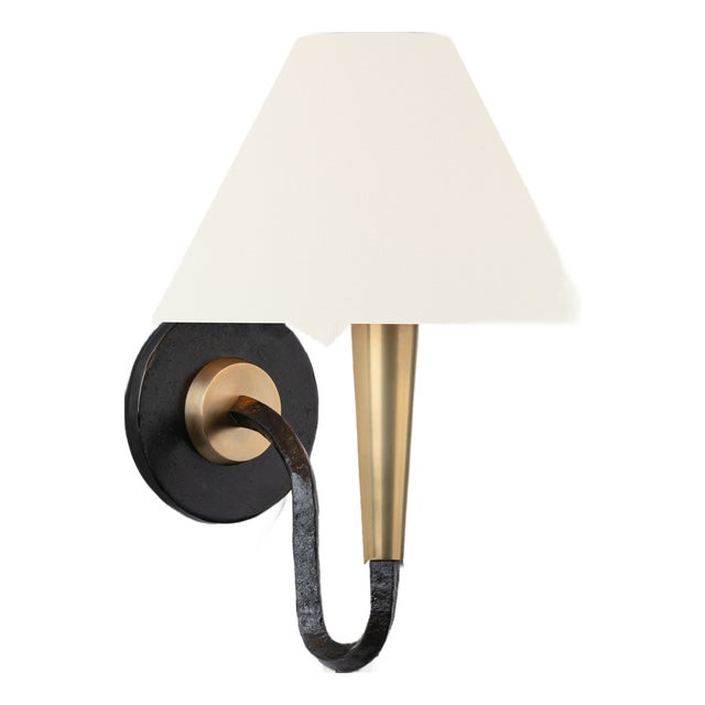 Thomas O'Brien for Visual Comfort Signature Cavalli 13" J-Arm Sconce in Aged Iron and Hand-Rubbed Antique Brass with Linen Shade For Sale