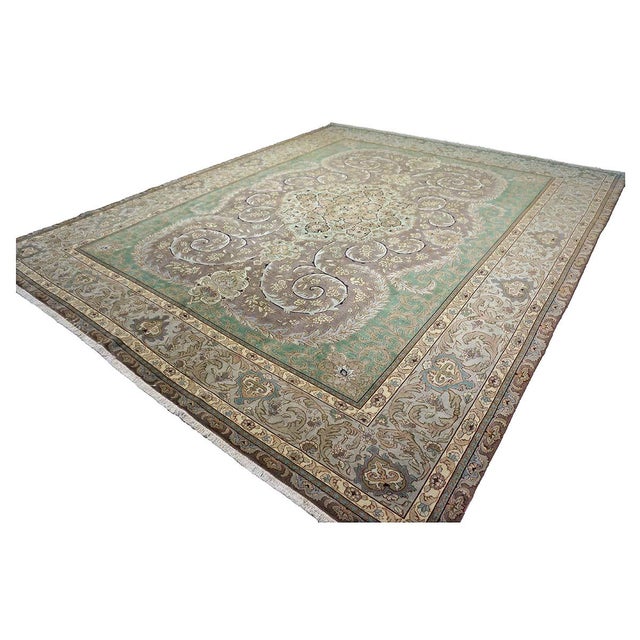 Early 20th Century Antique Persian Tabriz Wool 9X12 Green, Brown, & Taupe Handmade Area Rug #1143872 For Sale - Image 5 of 8