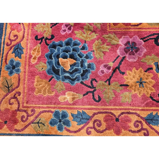 Oversize Chinese Art Deco Oversize Rug, Hand-Knotted Wool, Floral Design, 1920s For Sale - Image 4 of 18
