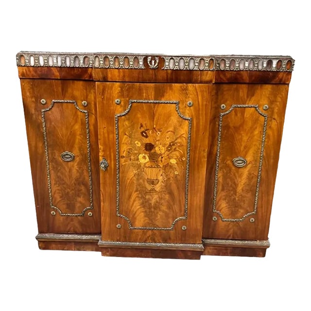 Early 20th Century Art Decor Style Satinwood Parquetry Inlaid Marble Top Buffet Cabinet For Sale