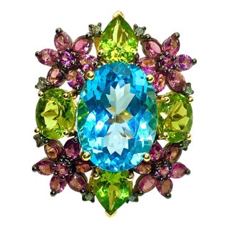 Bochic "Orient" Diamond, Peridot, Amethyst & Blue Topaz Ring Set 18K & Silver For Sale