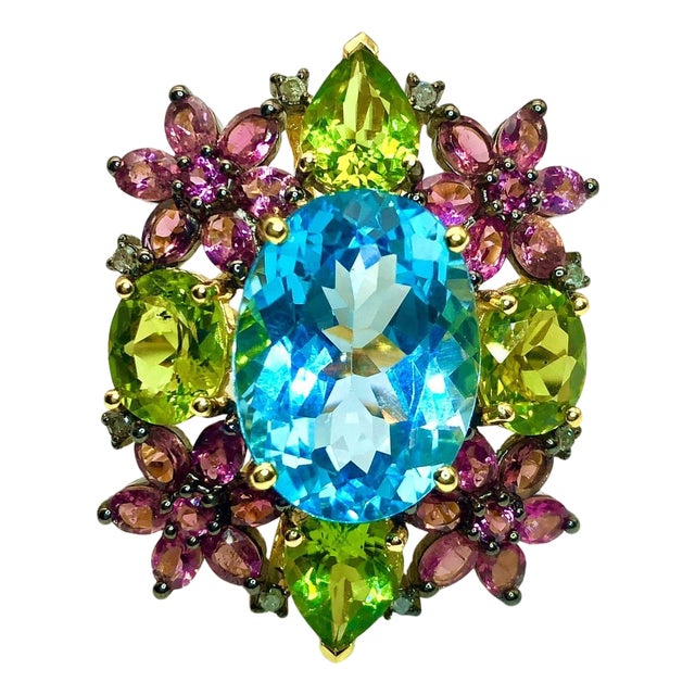 Bochic "Orient" Diamond, Peridot, Amethyst & Blue Topaz Ring Set 18K & Silver For Sale