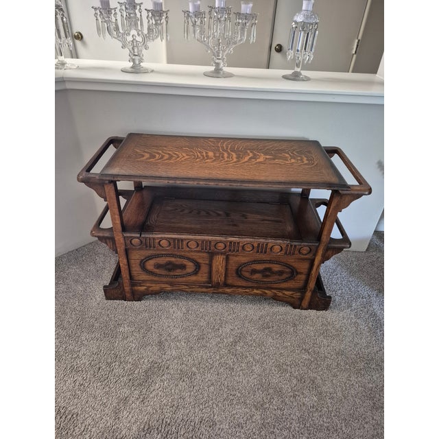 Mid 20th Century Vintage Carved Oak Monk's Bench For Sale - Image 5 of 10