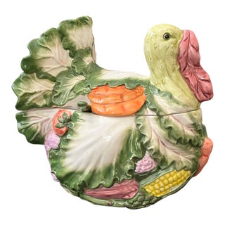 Vintage Majolica Turkey & Vegetable Tureen With Ladle – Cabbage Ware, Carrot & Corn Motif For Sale