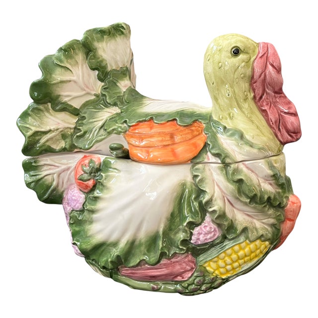 Vintage Majolica Turkey & Vegetable Tureen With Ladle – Cabbage Ware, Carrot & Corn Motif For Sale