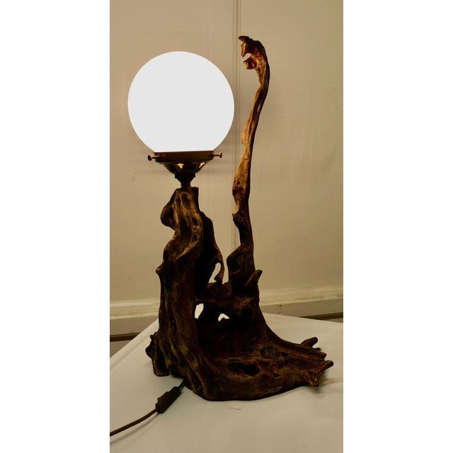 Brown Folk Art Root Carved Table Lamp, 1930 For Sale - Image 8 of 9
