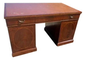 Antique English Mahogany Inlaid Partner Desk Leather Top Circa 1890