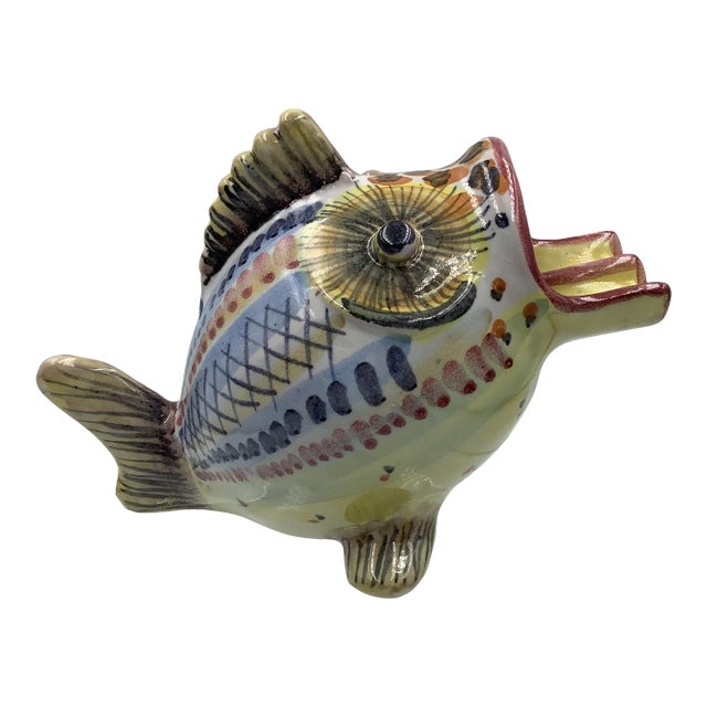 Vintage Vietri Italy Signed Ceramic Colorful Painted Fish With Open Mouth Ashtray For Sale