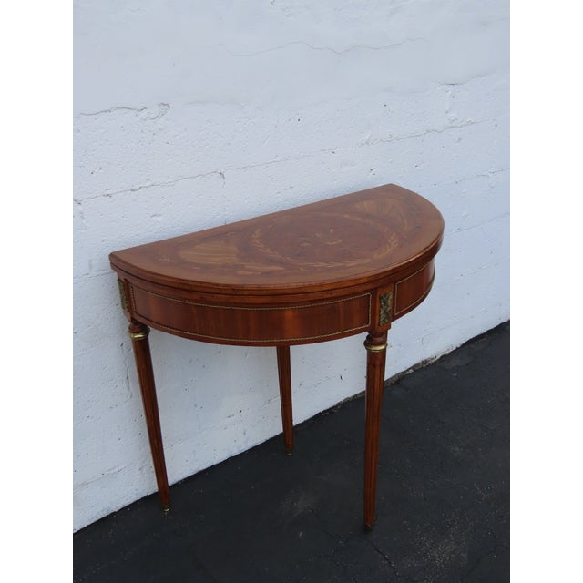 French Demilune Inlay Leather Top Console Flip Top Card Table 6916 For Sale - Image 4 of 18