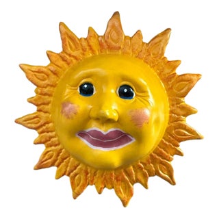 Late 20th Century Whimsical Yellow Ceramic Sun Face Wall Plaque For Sale