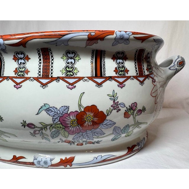 French Antique Floral Transferware Porcelain Footbath Cachepot Wine Cooler For Sale - Image 3 of 12