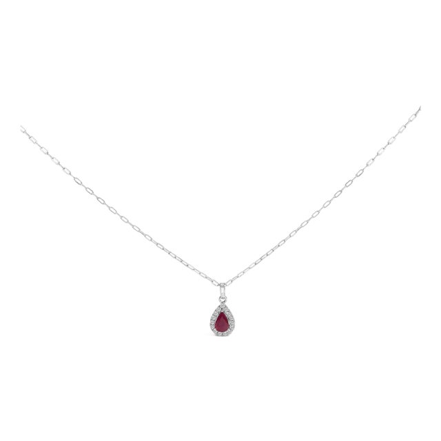 14K White Gold 6x4 Pear Red Ruby and Diamond Halo Pendant Necklace - 18" Inches For Sale