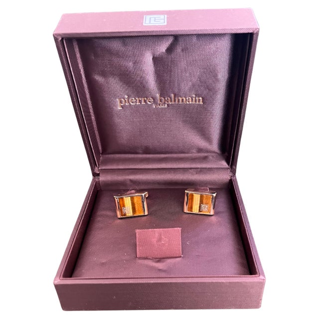 Vintage Balmain "Circa 1980s" Tiger Eye Cufflinks Original Purple Satin Case For Sale - Image 15 of 18
