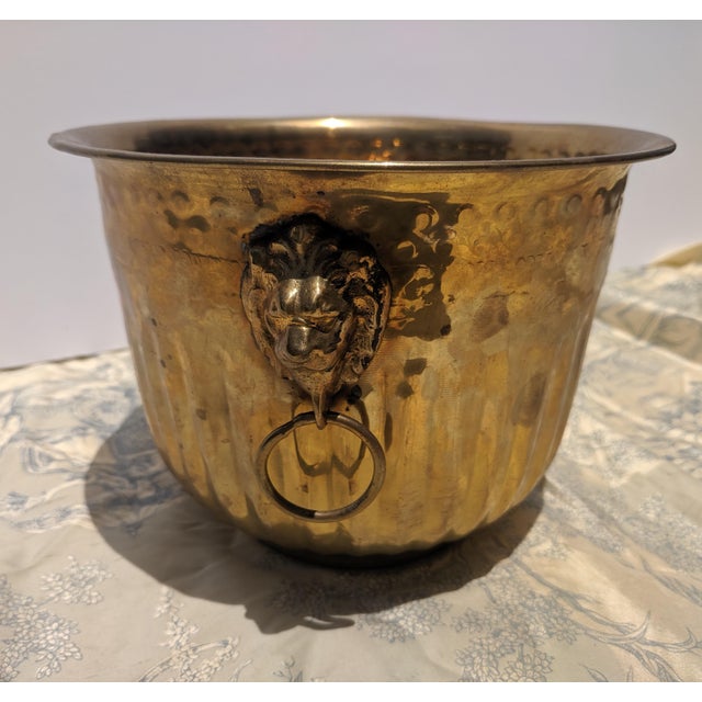 Metal Vintage Hammered Brass Cachepot Jardiniere With Lion Head Ring Pulls For Sale - Image 7 of 11