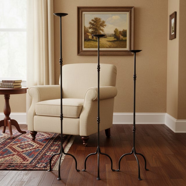 Rustic Hand Forged Iron Candelabra Set of 3 (93-113cm) Antique Copper Finish Slender Stem with Compact Arched Base For Sale - Image 3 of 6