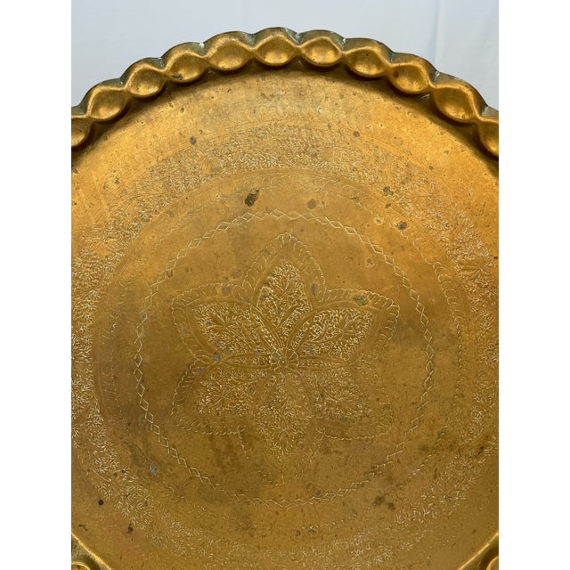 Mid-Century Modern Large Vintage Engraved Brass Tray With Botanical Decoration and Scalloped Rim For Sale - Image 3 of 13