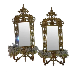 19thc French Antique Louis XVI Style Bronze "Dolphin, Koi" Beveled Mirror Wall Sconces - Original Unelectrified State a - Pair