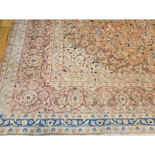 Vintage Persian Tabriz Rug, Hand-Knotted Wool, Floral Pattern, Pale Apricot & Burgundy, 10x13 For Sale - Image 13 of 16