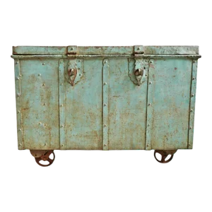 Early 20th Century Antique Blue Iron Dowry Storage Trunk