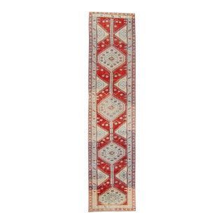 Vintage Medallion Brick Red Blue Cream Hand-Knotted Long Runner - 3’6” X 14’8” For Sale