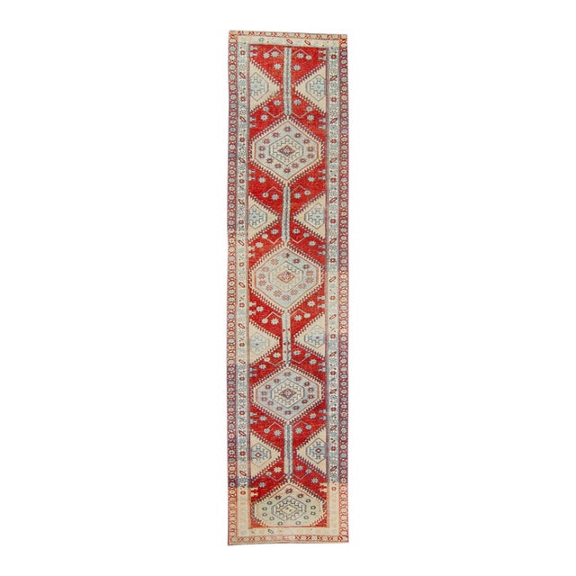 Vintage Medallion Brick Red Blue Cream Hand-Knotted Long Runner - 3’6” X 14’8” For Sale
