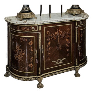 The Versailles Flourish – French Louis XVI-Inspired Commode With Floral Marquetry, Elegant Marble Top & Ornate Gilded Accents For Sale