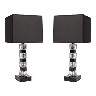 Pair of Mid-Century Modernist Stacked Black Lacquer and Glass Cube Table Lamps For Sale