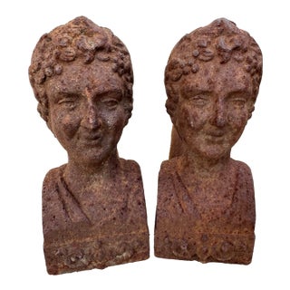 Antique Cast Iron Bust Head Sculpture Firedogs Log Holders Andirons Fireplace Decor For Sale