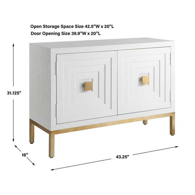A Cool modern geometric two door accent cabinet, constructed from deeply grained Fir wood finished in a white stain,...